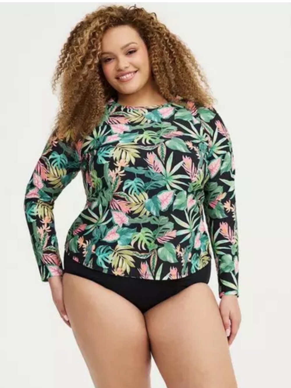 torrid Size 2 Black Tropical Leaf Print Long Sleeve Swim Top Green Pink NWT